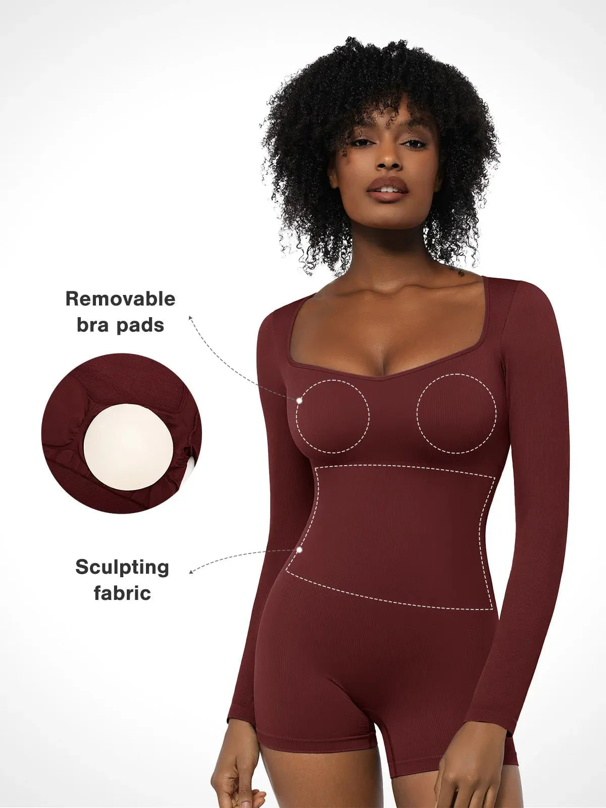 Shapewear Long Sleeve Sweetheart Neck Tummy Control Romper - Image 18