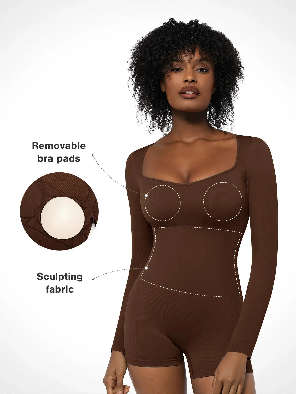 Shapewear Long Sleeve Sweetheart Neck Tummy Control Romper - Image 22