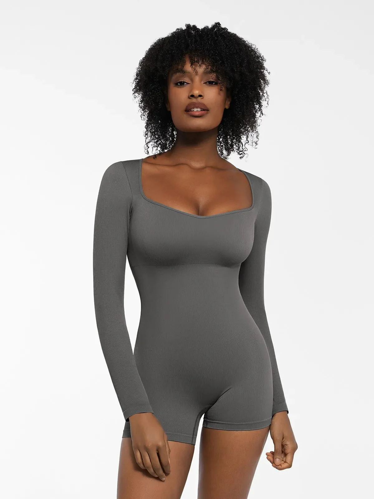 Shapewear Long Sleeve Sweetheart Neck Tummy Control Romper - Image 25