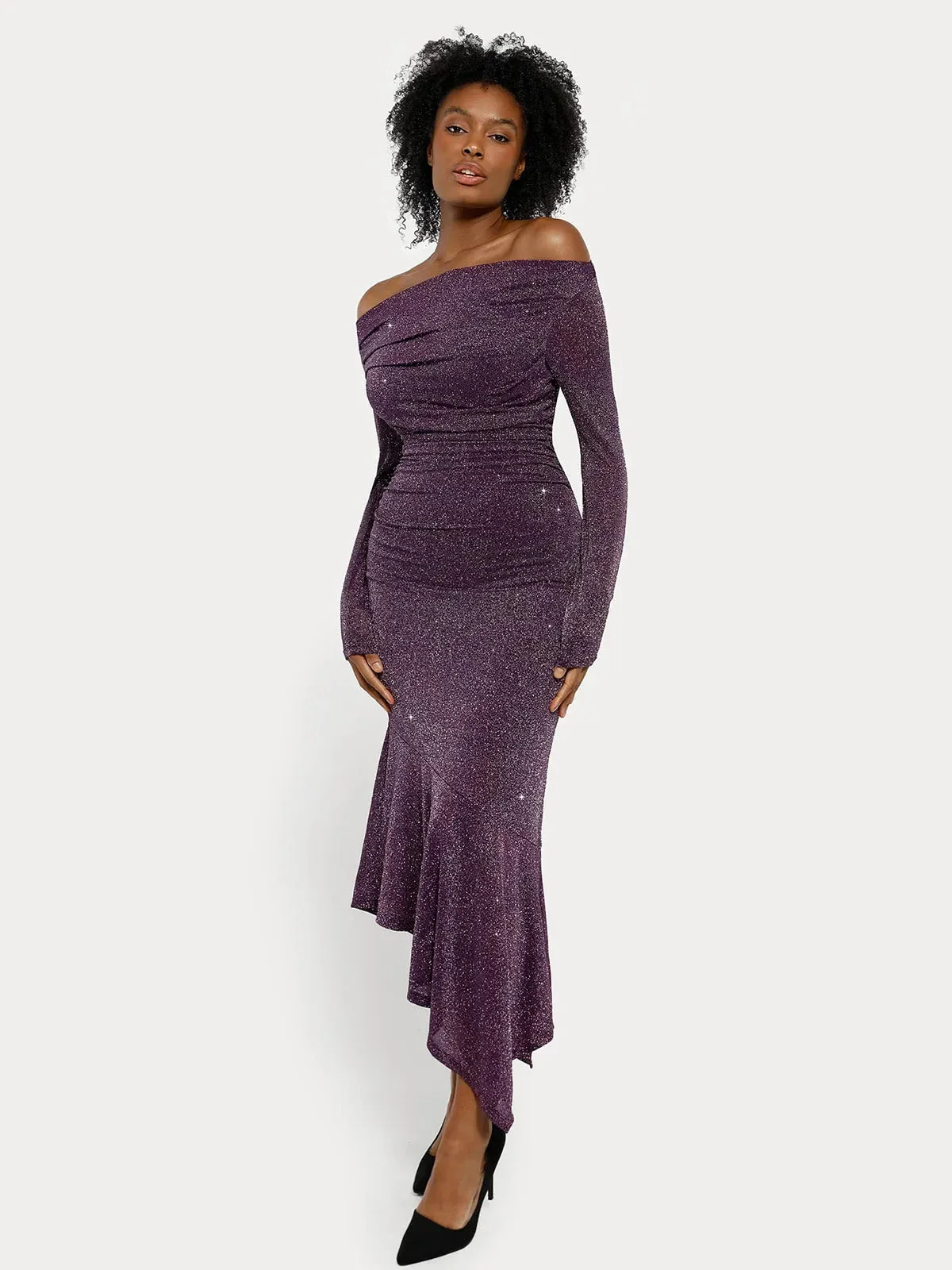 Shapewear Metallic Knit Long Sleeve Slim Mermaid Maxi Dress - Image 8