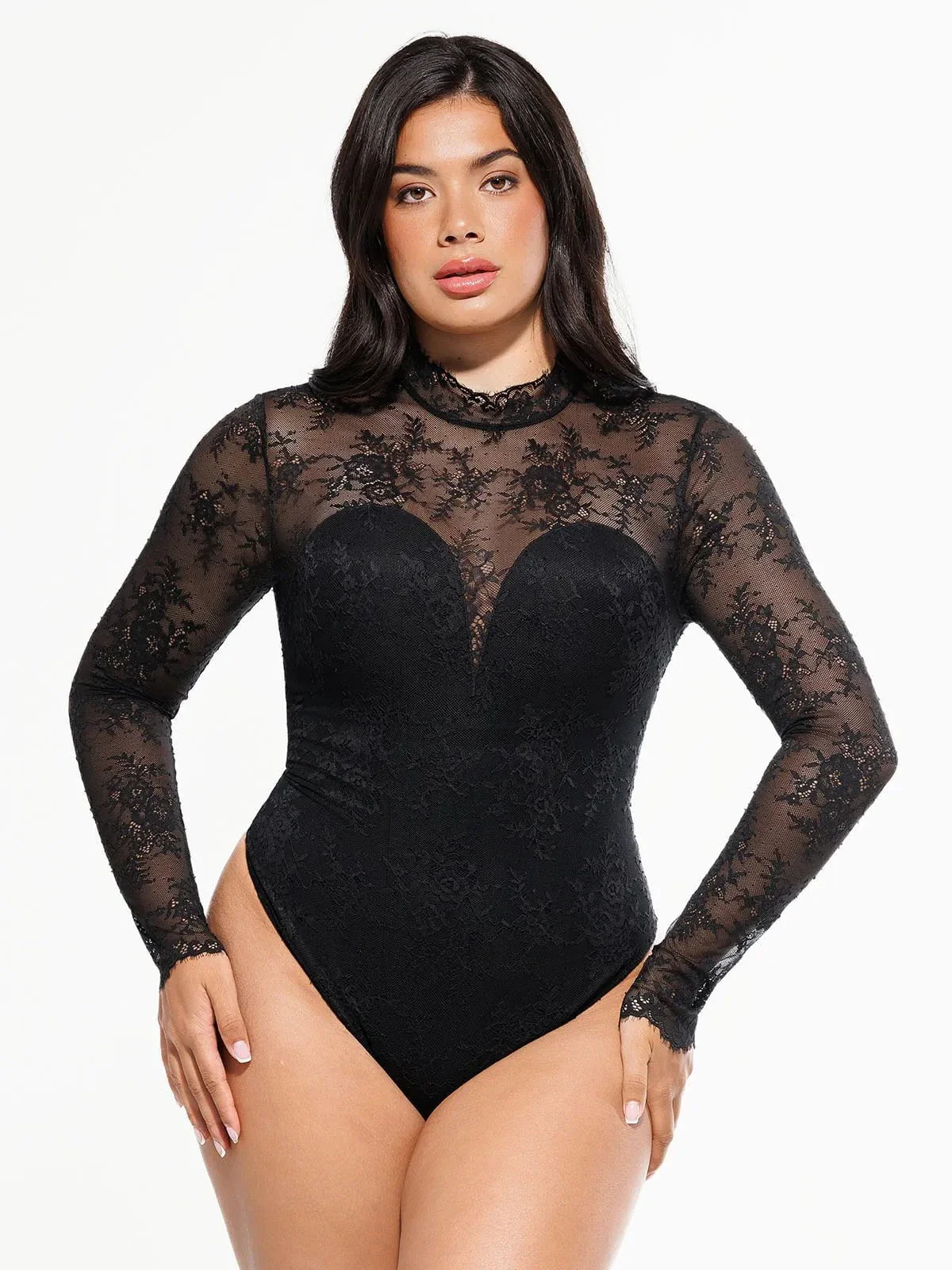 Shapewear Mock Neck Long Sleeve Floral Lace Bodysuit - Image 2