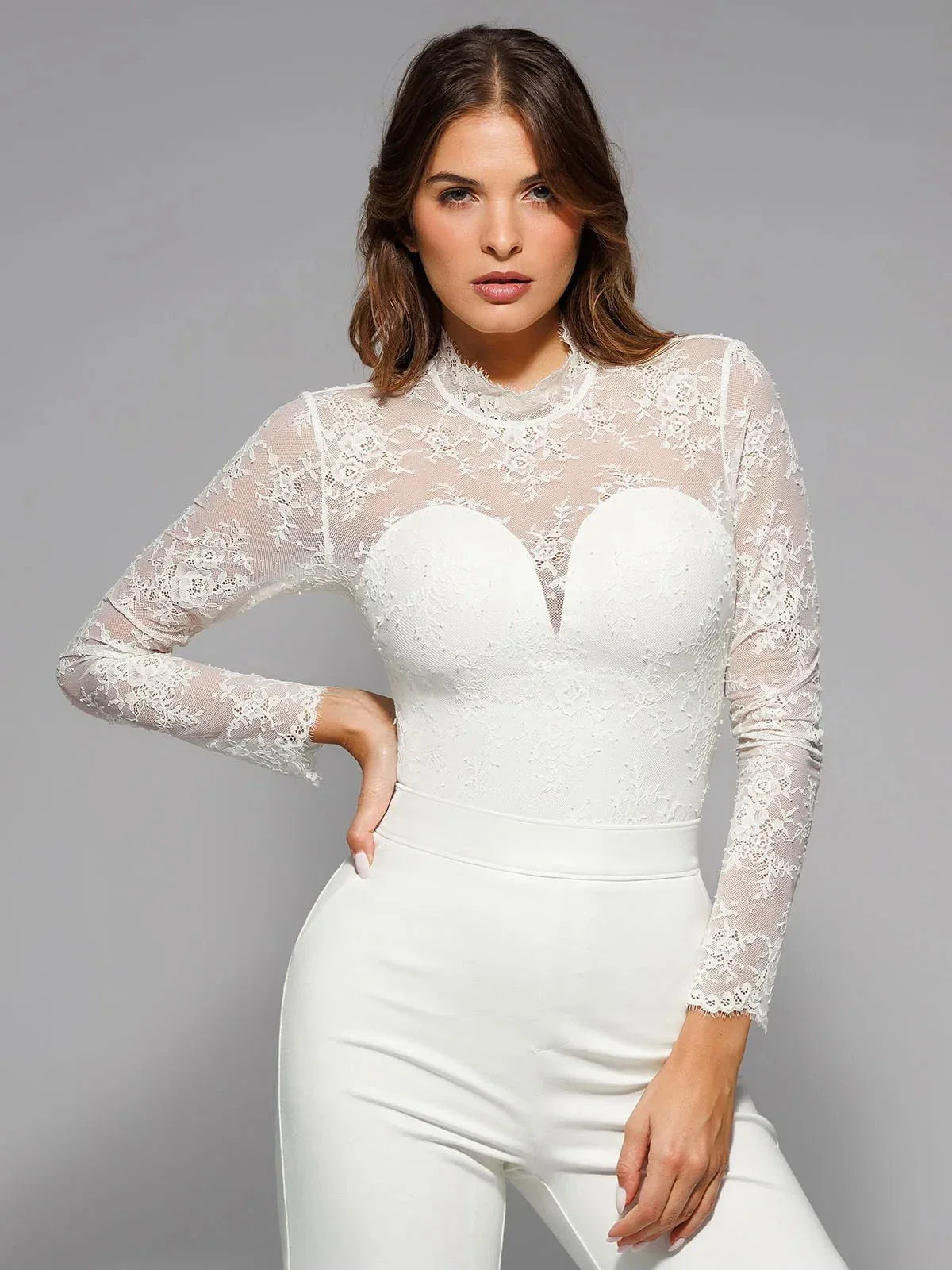 Shapewear Mock Neck Long Sleeve Floral Lace Bodysuit - Image 21