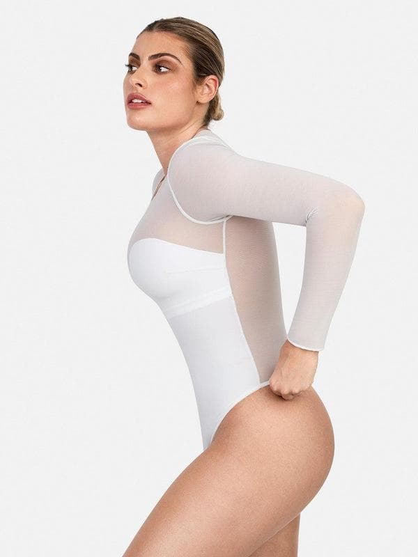 Shapewear Mock Neck Long Sleeve Floral Lace Bodysuit - Image 31