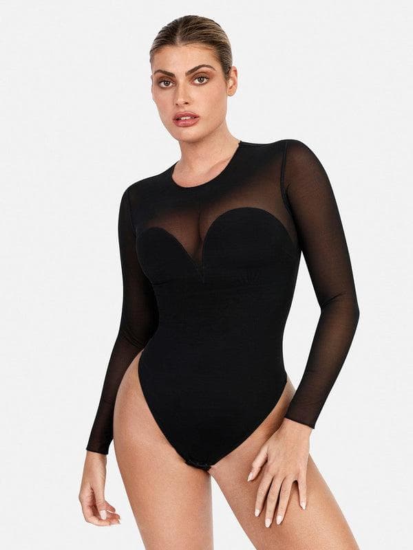 Shapewear Mock Neck Long Sleeve Floral Lace Bodysuit - Image 44