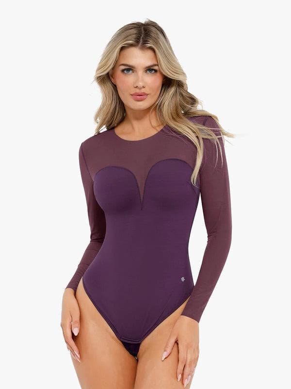 Shapewear Mock Neck Long Sleeve Floral Lace Bodysuit - Image 50