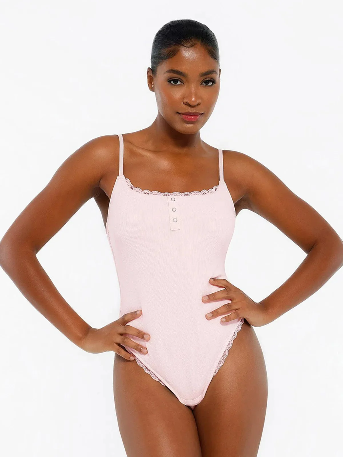 Shapewear Modal Strappy Lace Trim Sculpting Henley Bodysuit - Image 13