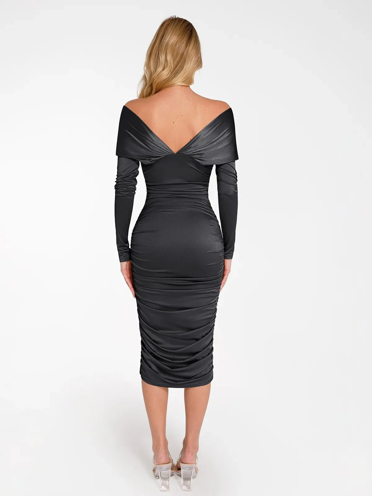 Shapewear Off-Shoulder Ruched Shine Sculpting Midi Dress - Image 11