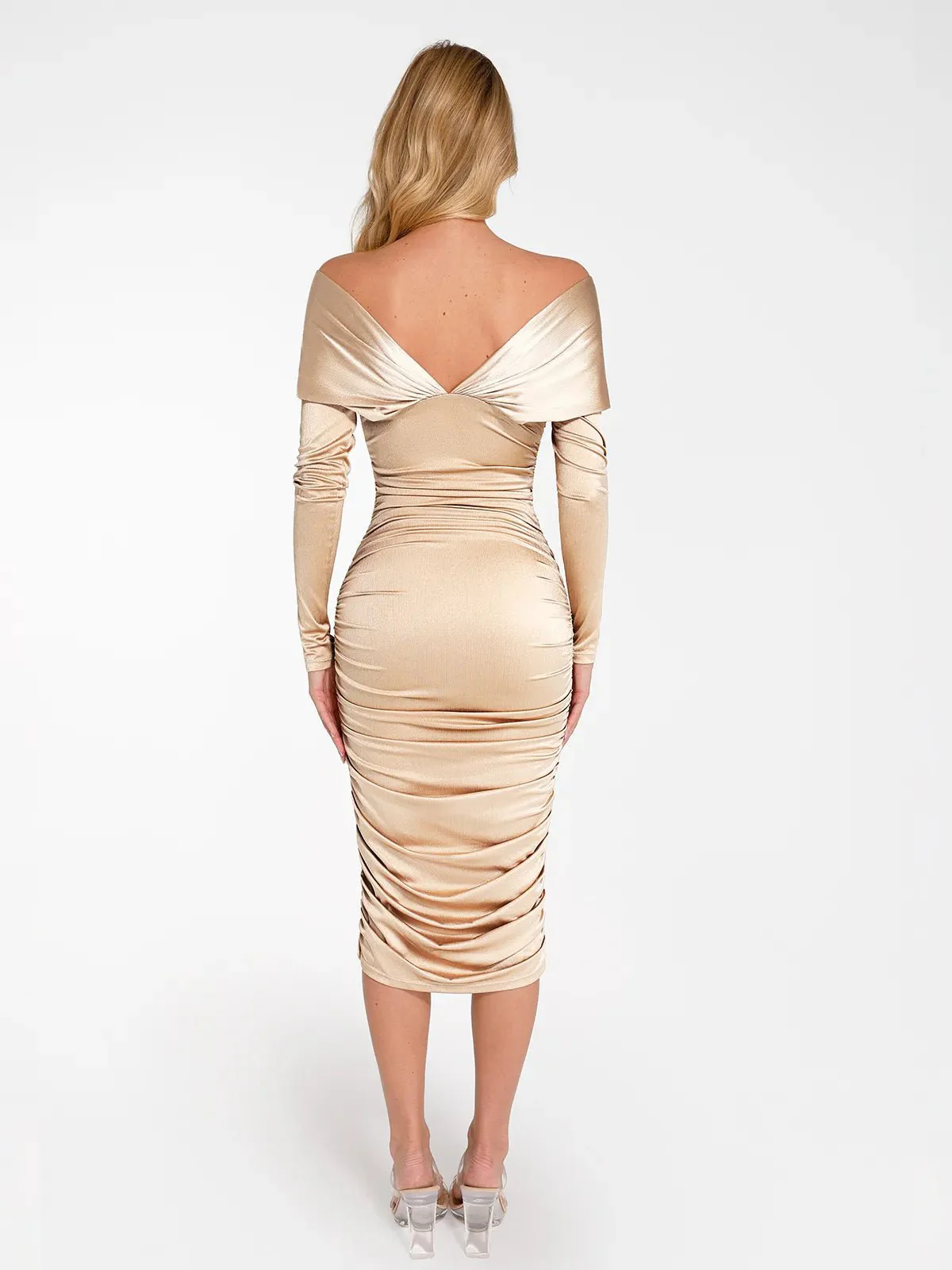 Shapewear Off-Shoulder Ruched Shine Sculpting Midi Dress - Image 17
