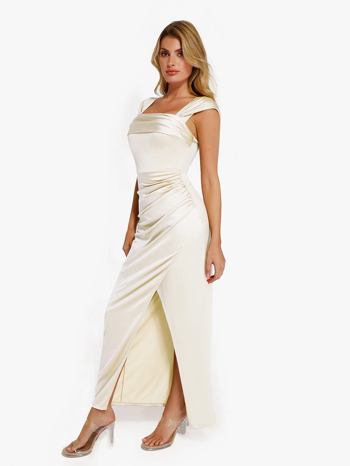 Shapewear Off Shoulder Shine Ruched Sculpting Maxi Dress - Image 55