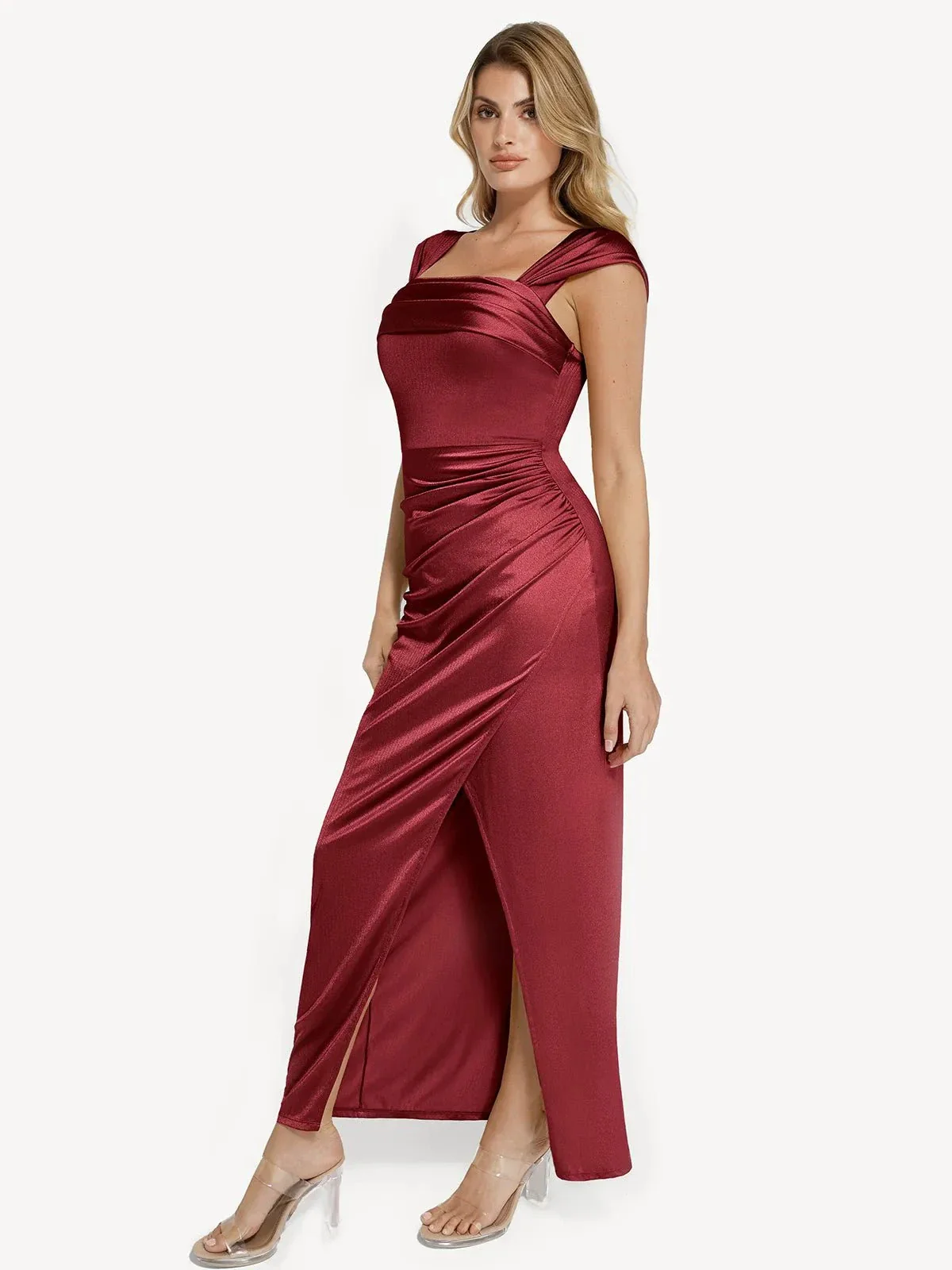 Shapewear Off Shoulder Shine Ruched Sculpting Maxi Dress - Image 73