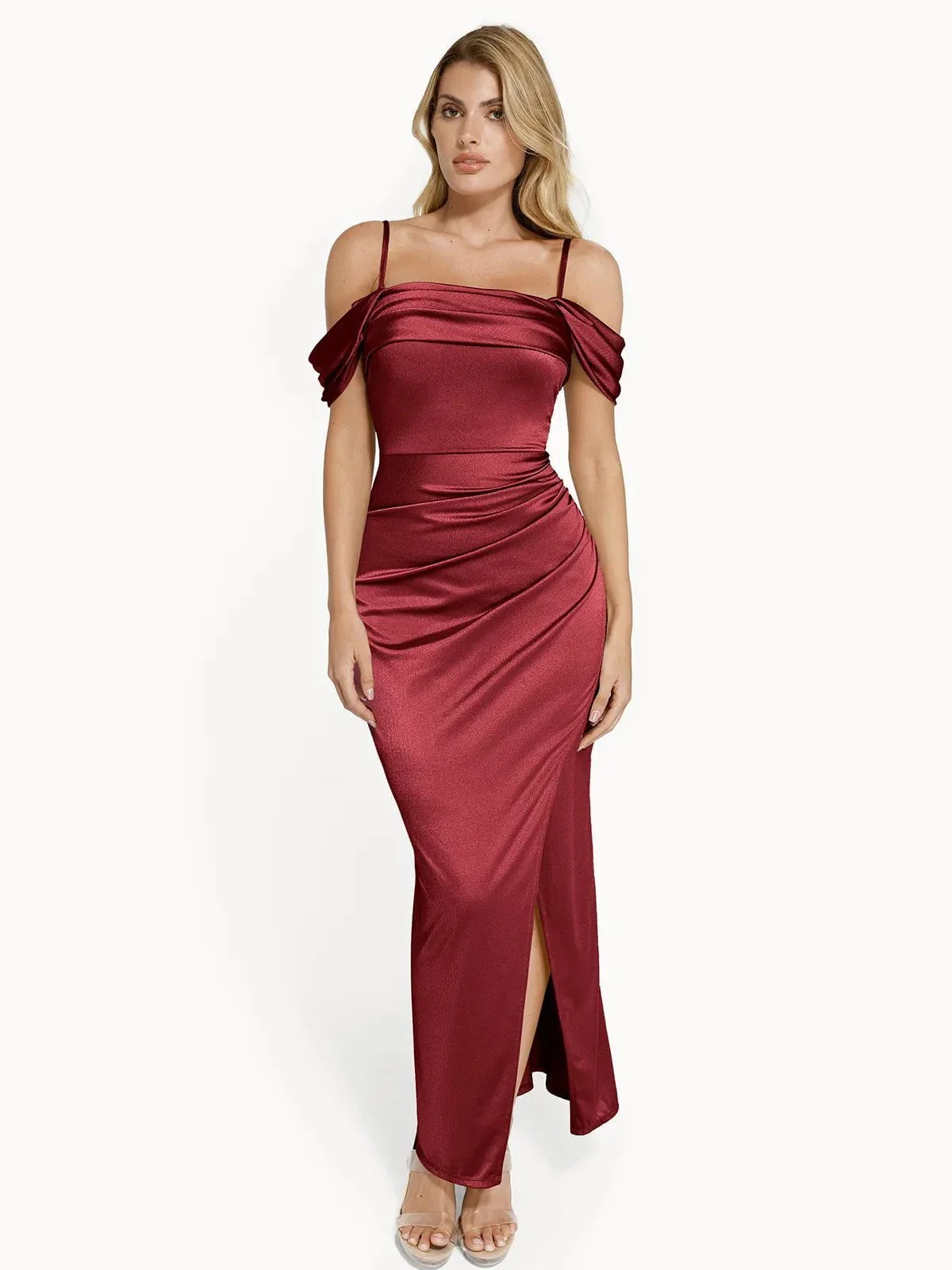 Shapewear Off Shoulder Shine Ruched Sculpting Maxi Dress - Image 74