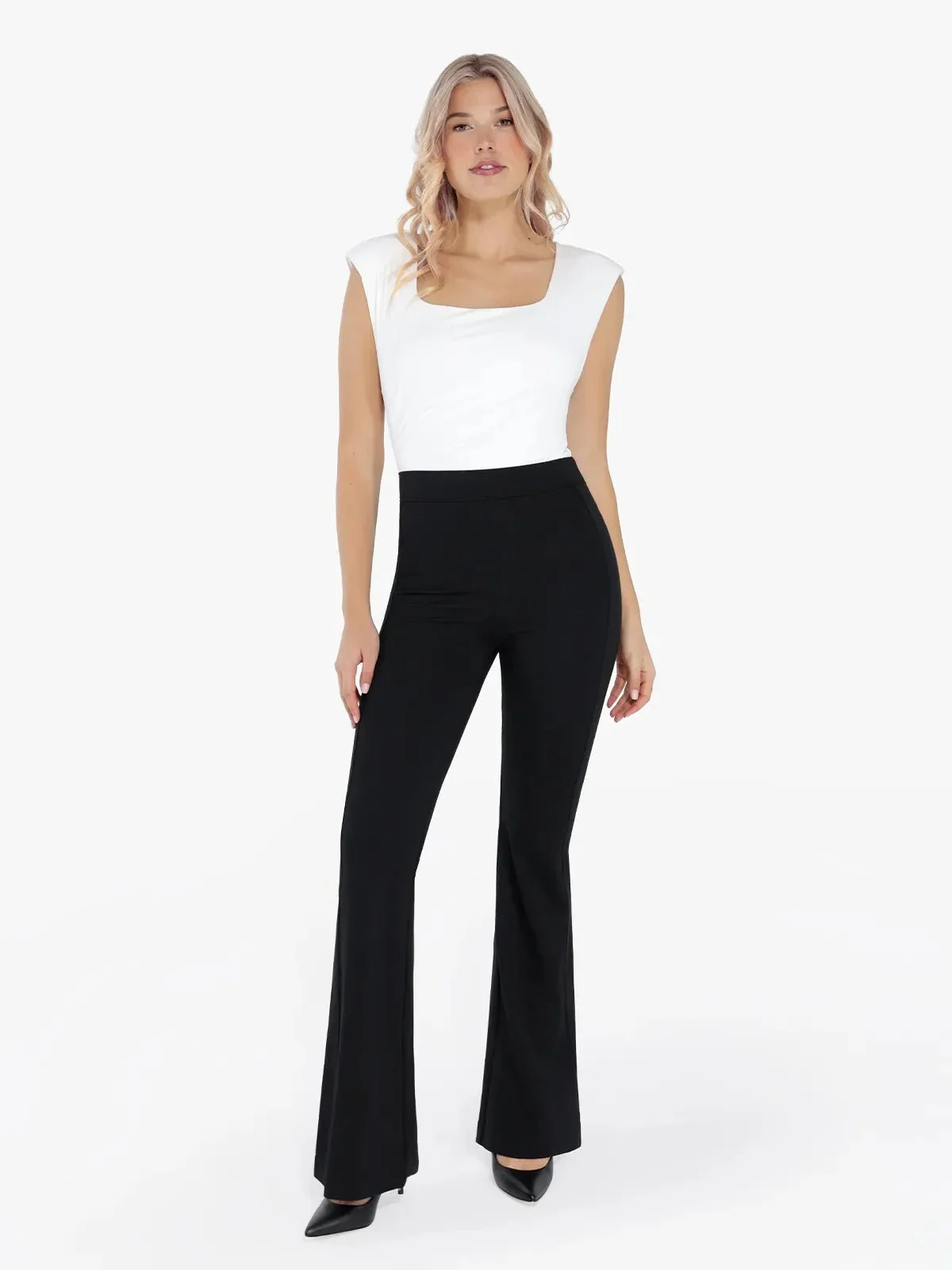 Shapewear Padded Shoulder Slimming Bodysuit Flare-Leg Pants Set