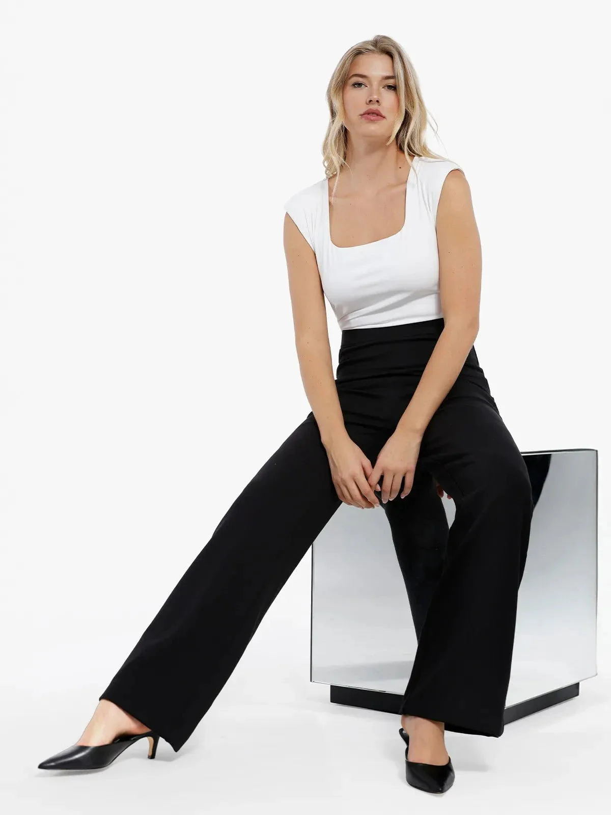 Shapewear Padded Shoulder Slimming Bodysuit Wide-Leg Pants Set - Image 6