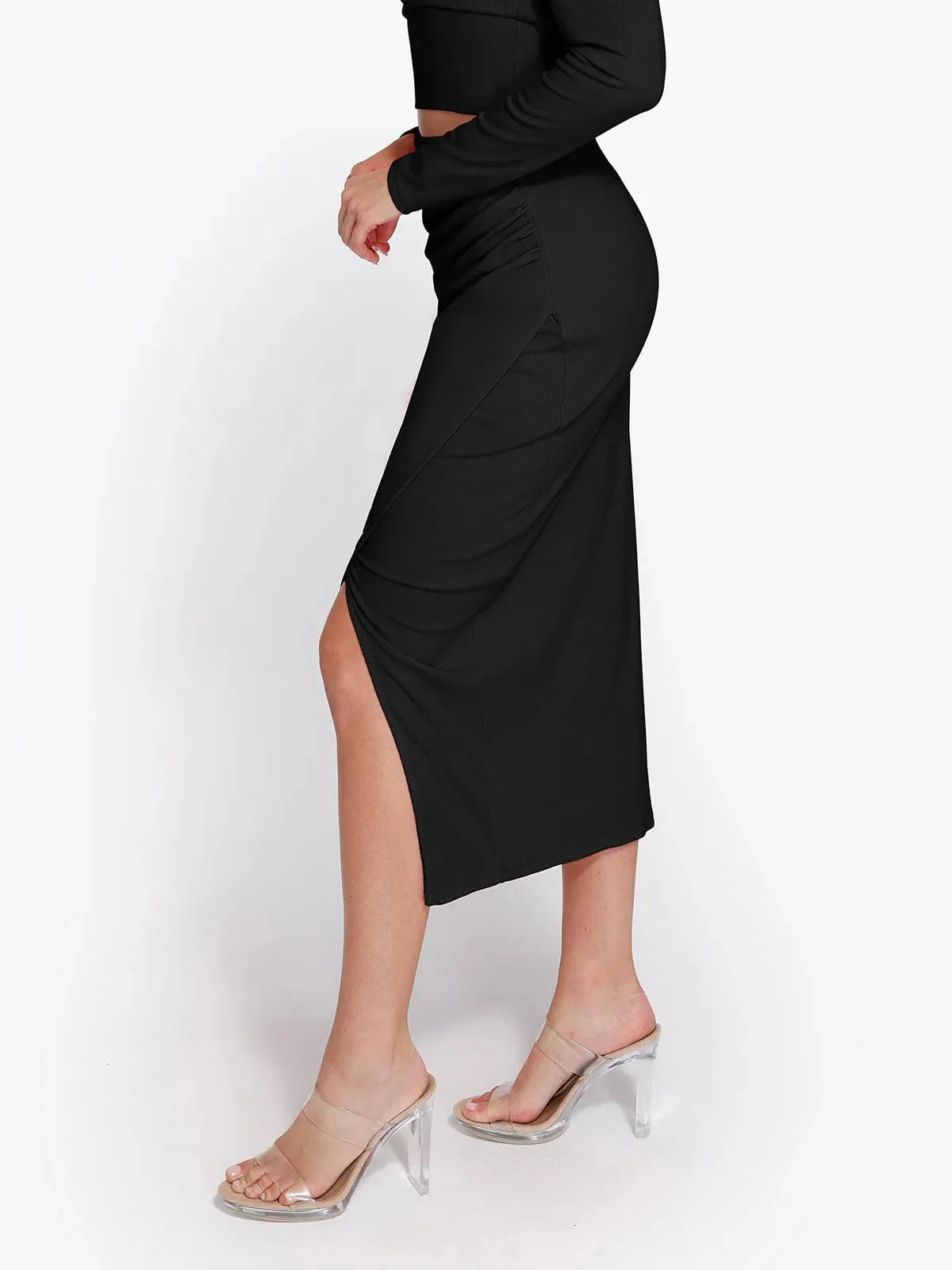 Shapewear Rib Modal Built In Sculpting Midi Wrap Skirt - Image 14