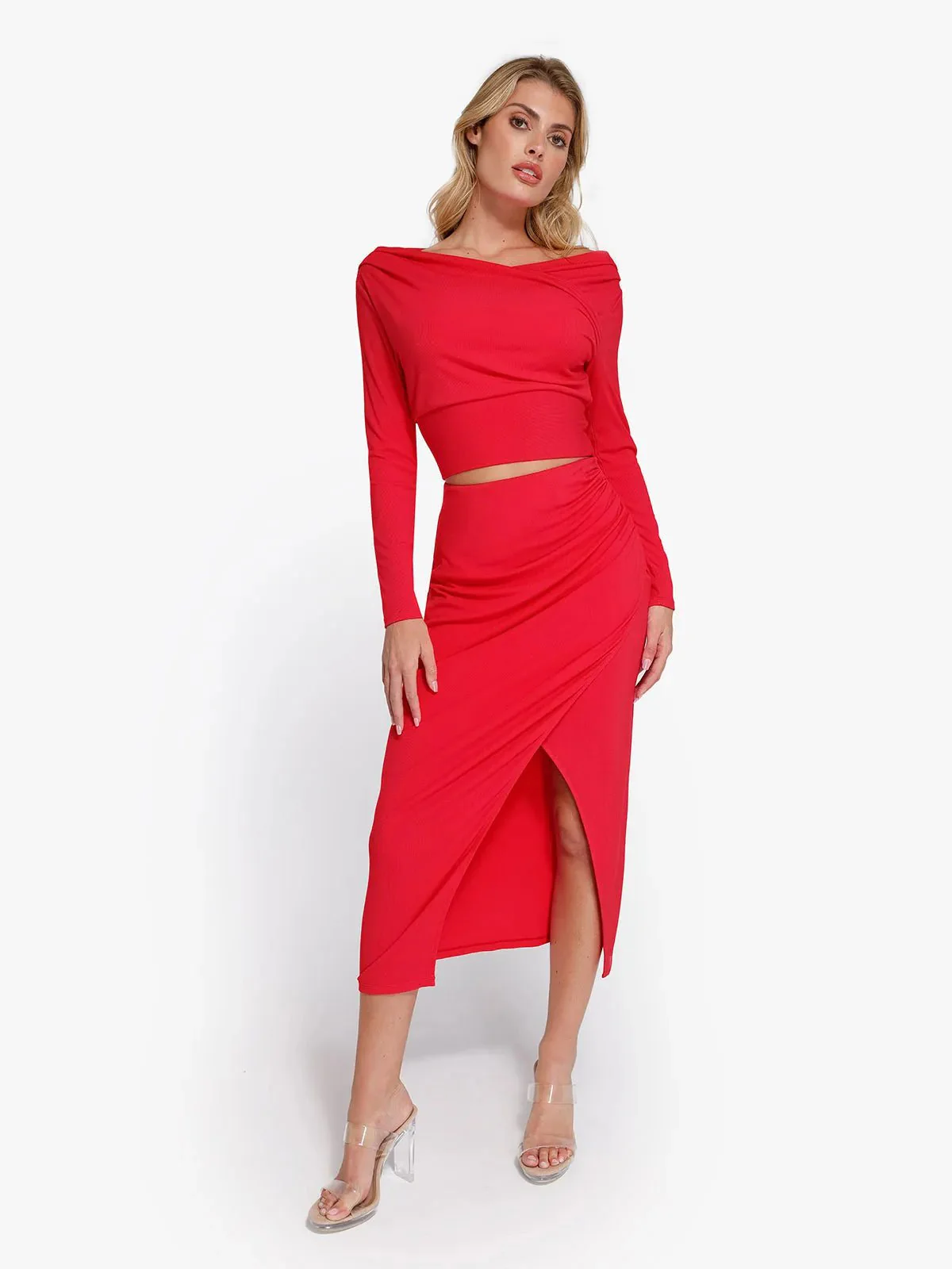 Shapewear Rib Modal Off-the-Shoulder Top Sculpting Skirt Set - Image 14