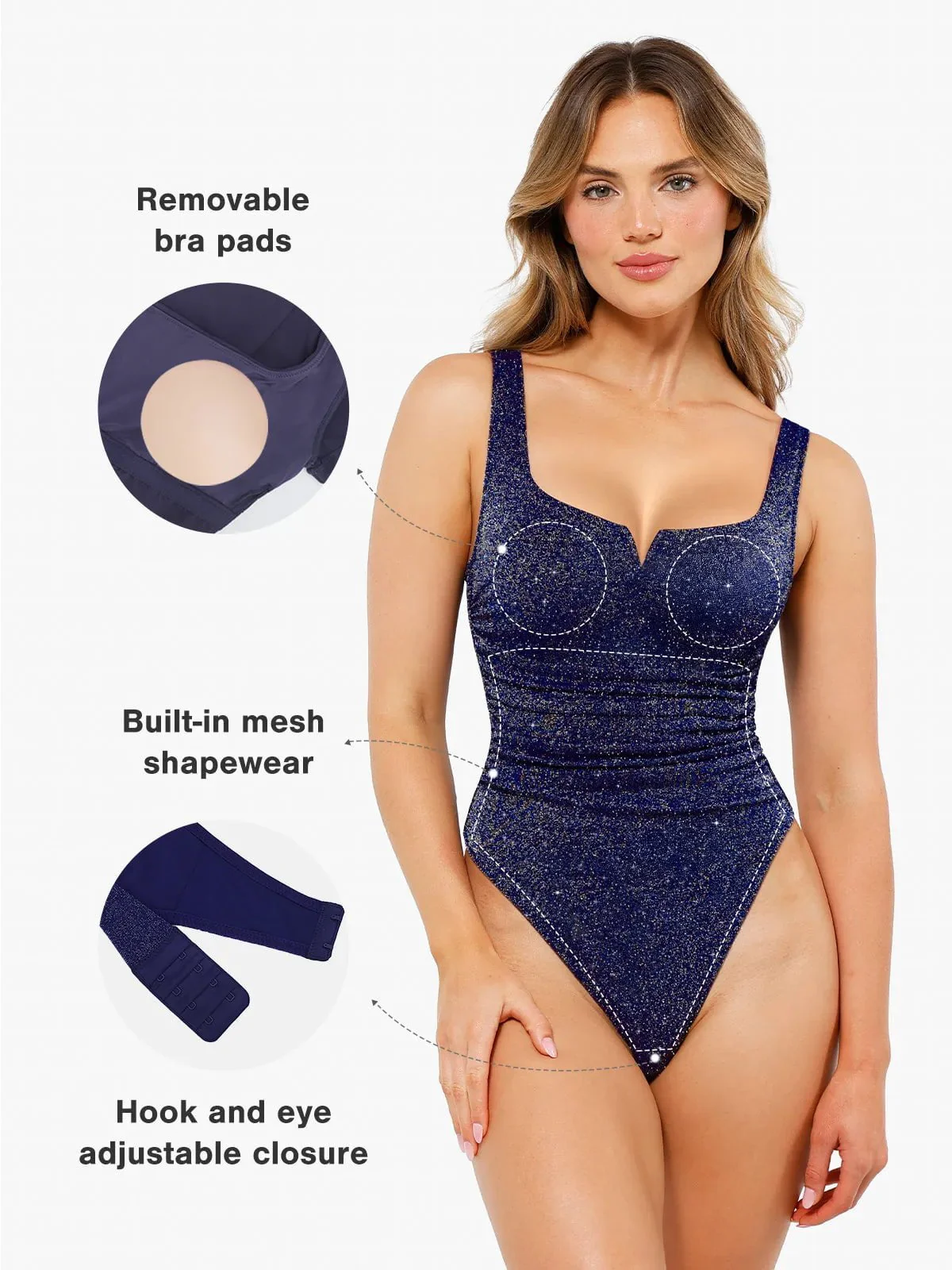 Shapewear Ruched Metallic Knit Square Neck Slimming Bodysuit - Image 12