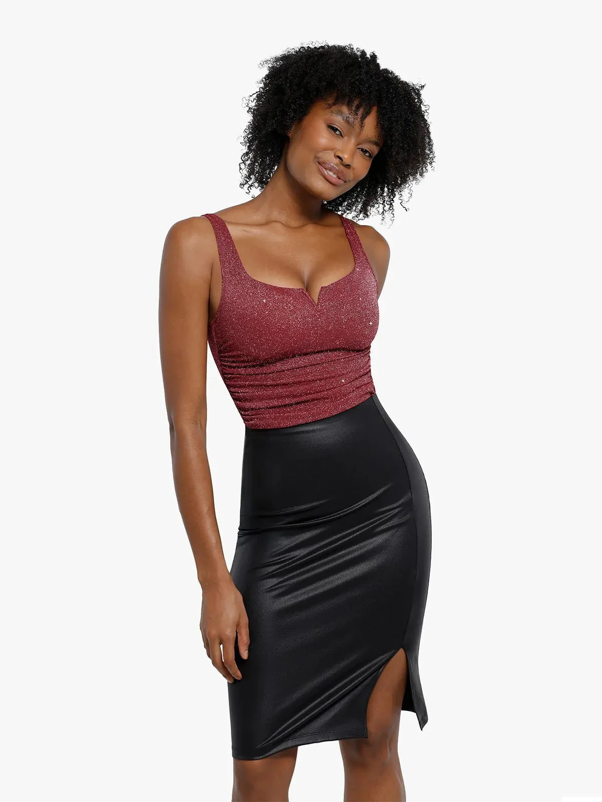 Shapewear Ruched Metallic Knit Square Neck Slimming Bodysuit - Image 21