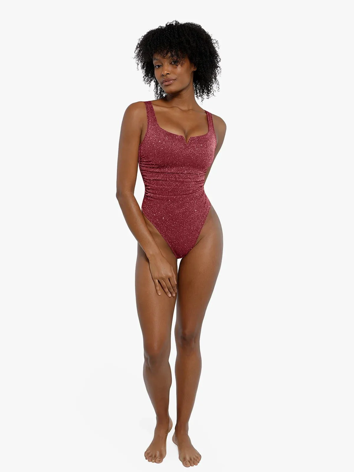 Shapewear Ruched Metallic Knit Square Neck Slimming Bodysuit - Image 22