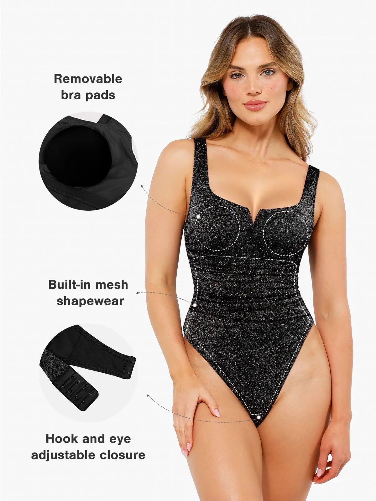 Shapewear Ruched Metallic Knit Square Neck Slimming Bodysuit - Image 26