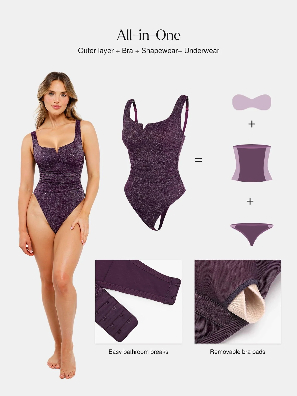 Shapewear Ruched Metallic Knit Square Neck Slimming Bodysuit - Image 5