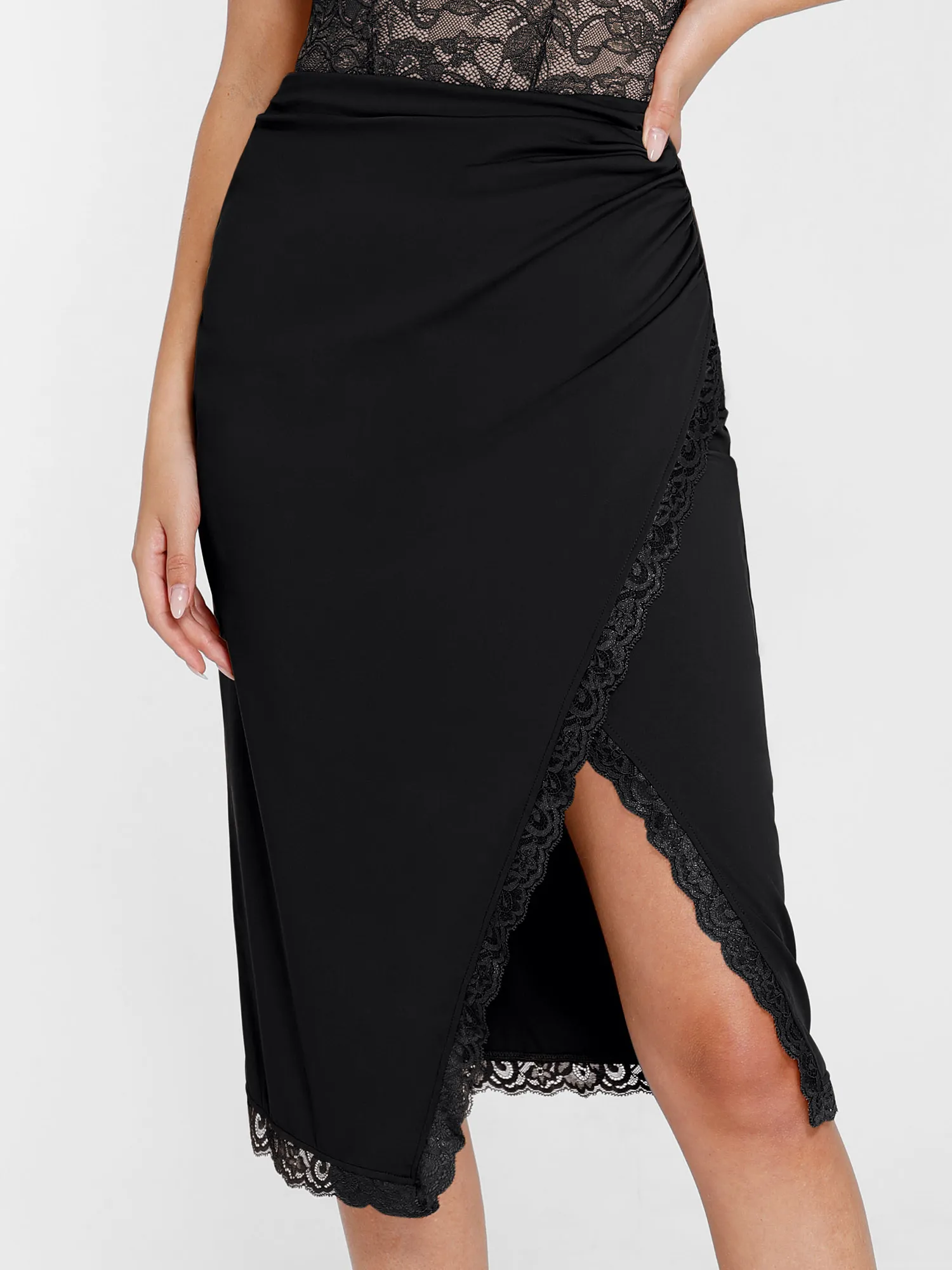 Shapewear Sculpting Lace Trim Bodysuit Midi Wrap Skirt Set - Image 22