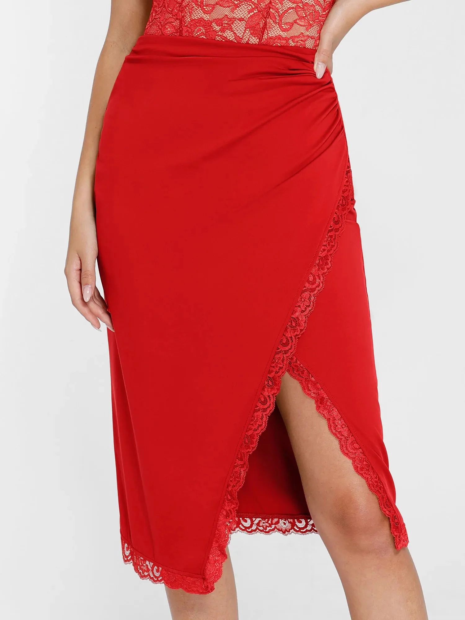 Shapewear Sculpting Lace Trim Bodysuit Midi Wrap Skirt Set - Image 24