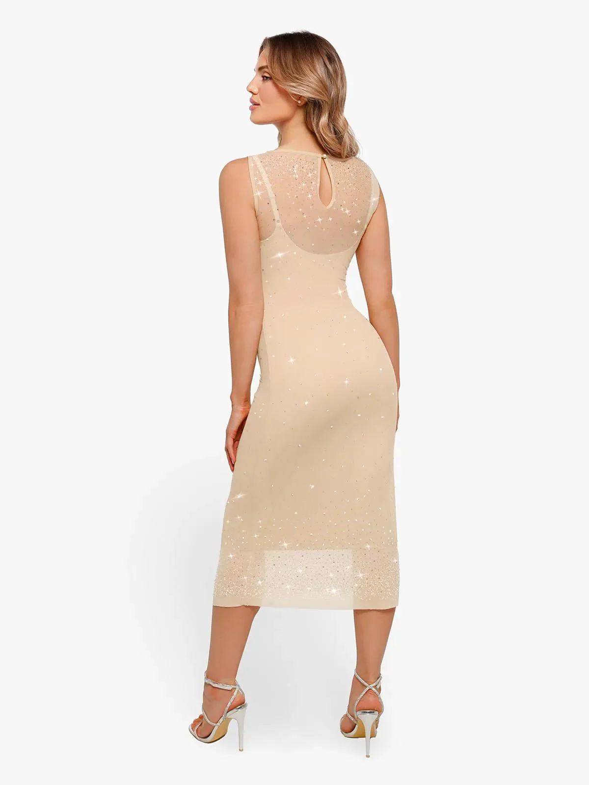 Shapewear Two-in-One Heat-Set Crystal Mesh Slim Midi Dress - Image 13