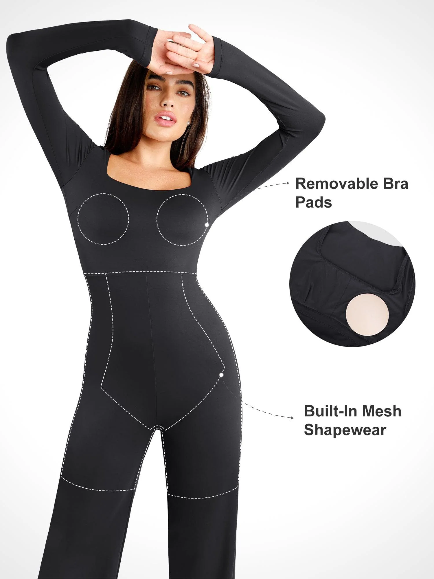 Shapewear Long Sleeve Square Neck Slimming Wide Leg Jumpsuit - Image 7