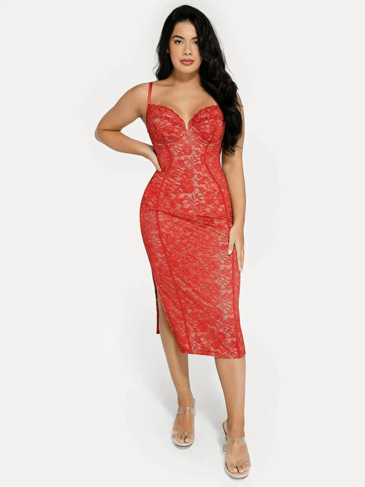 Shapewear All-Lace Hourglass Corset Side Slit Midi Dress - Image 7