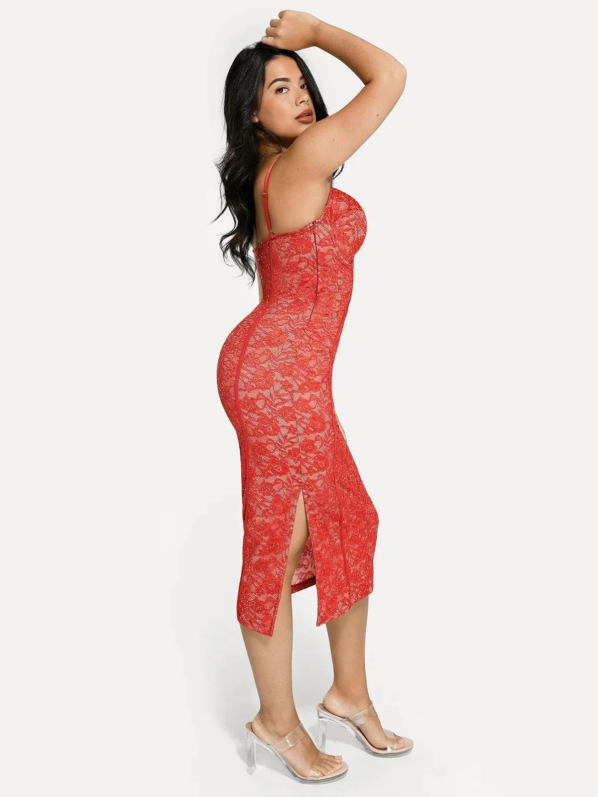 Shapewear All-Lace Hourglass Corset Side Slit Midi Dress - Image 9