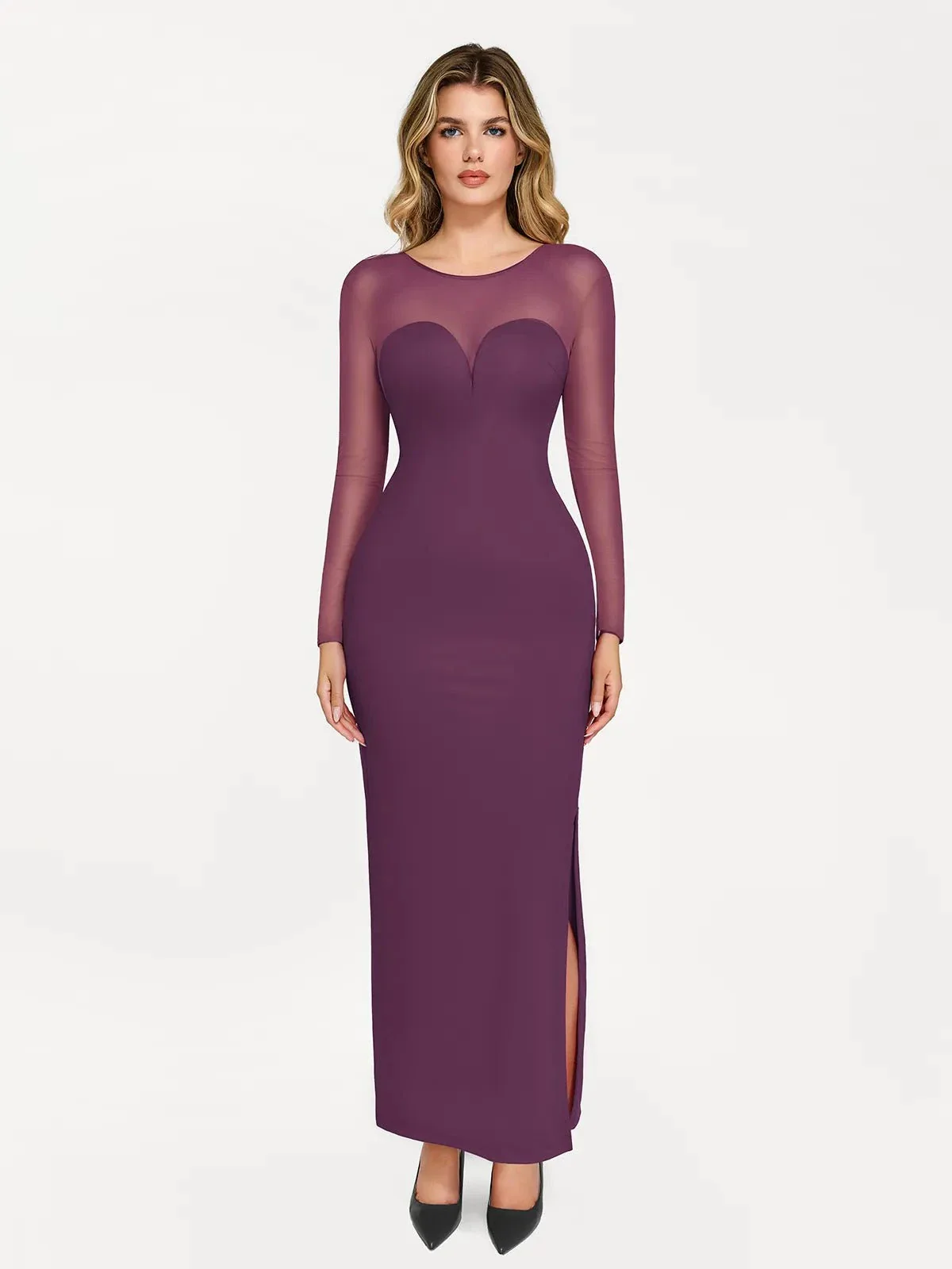 Shapewear Mesh Long Sleeve V-Back Slimming Maxi Dress - Image 12