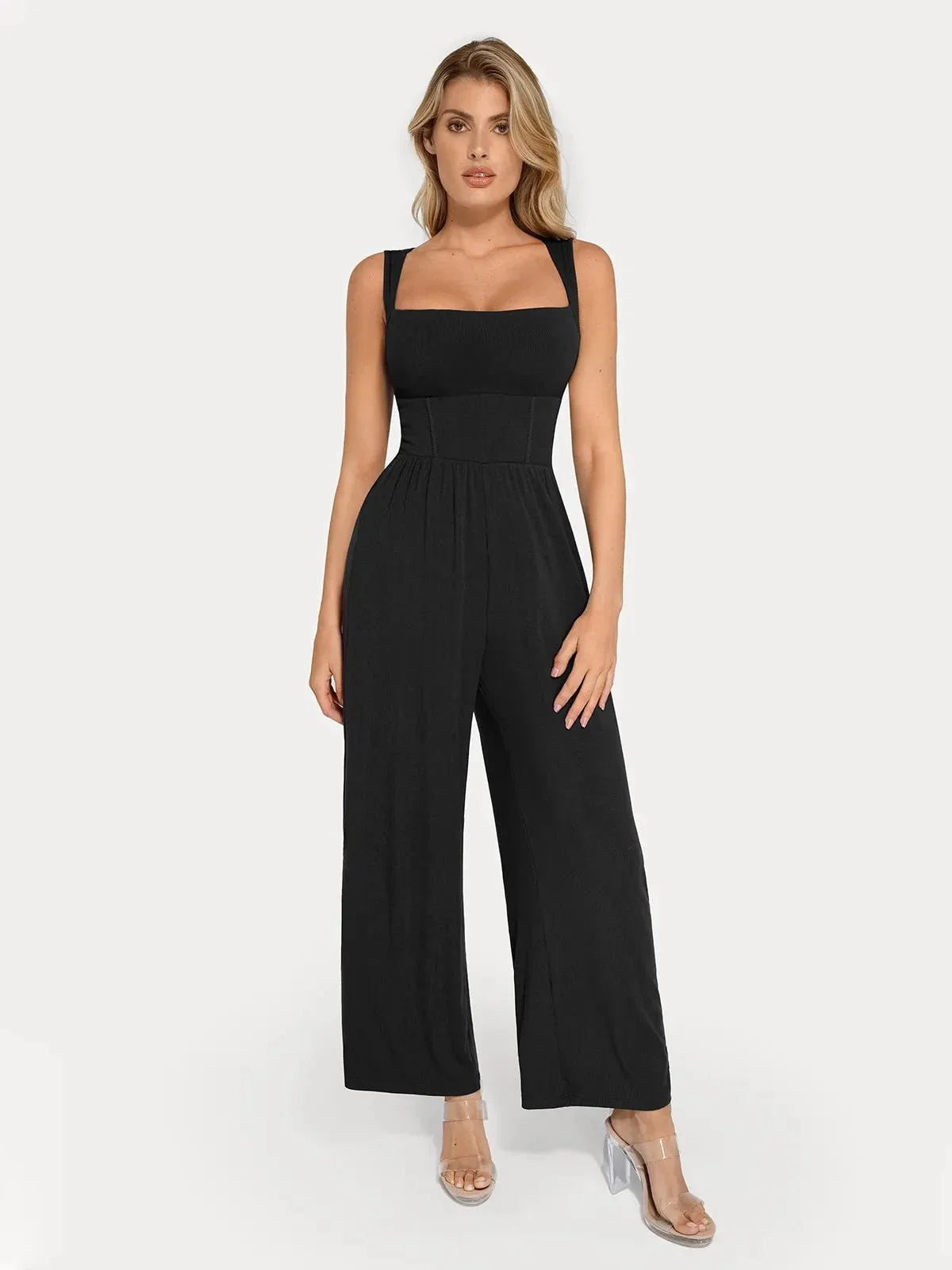 Shapewear Square Neck Tummy Control Wide Leg Jumpsuit - Image 44