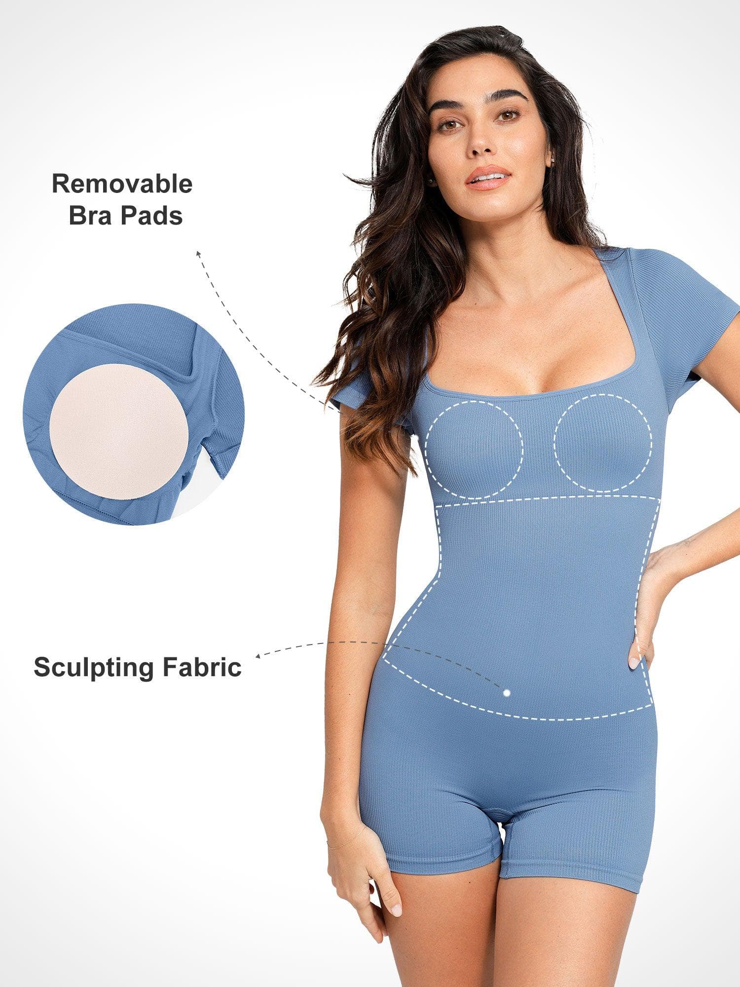 Shapewear Seamless Rib Square Neck Cap Sleeve Romper - Image 21