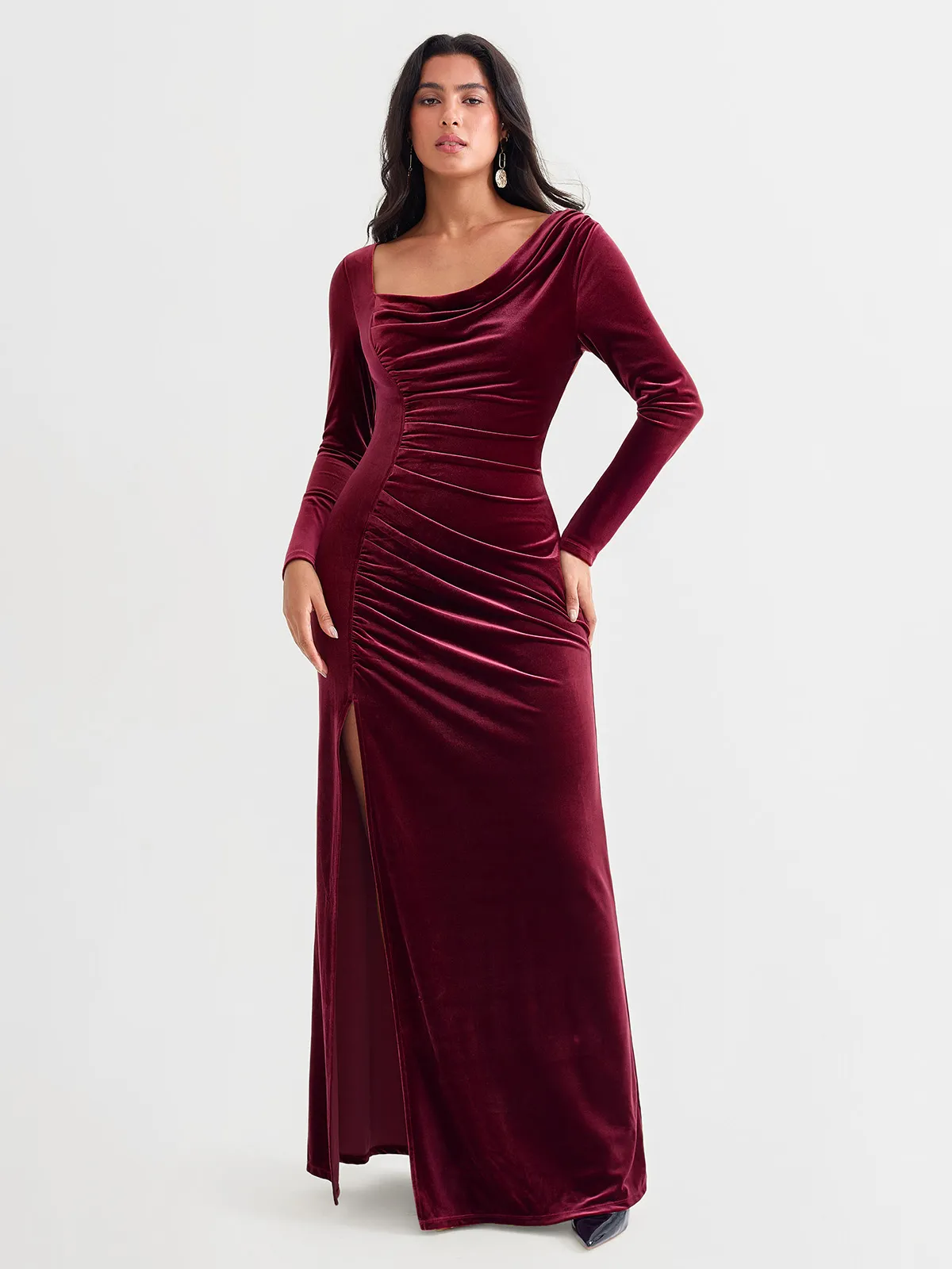 Velvet Draped Long Sleeve Sculpting Column Gown - Image 11