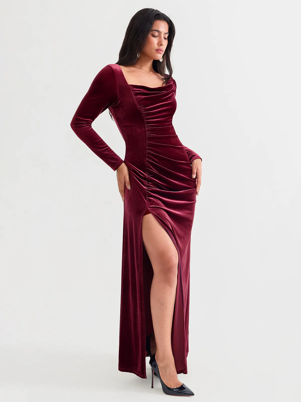 Velvet Draped Long Sleeve Sculpting Column Gown - Image 13