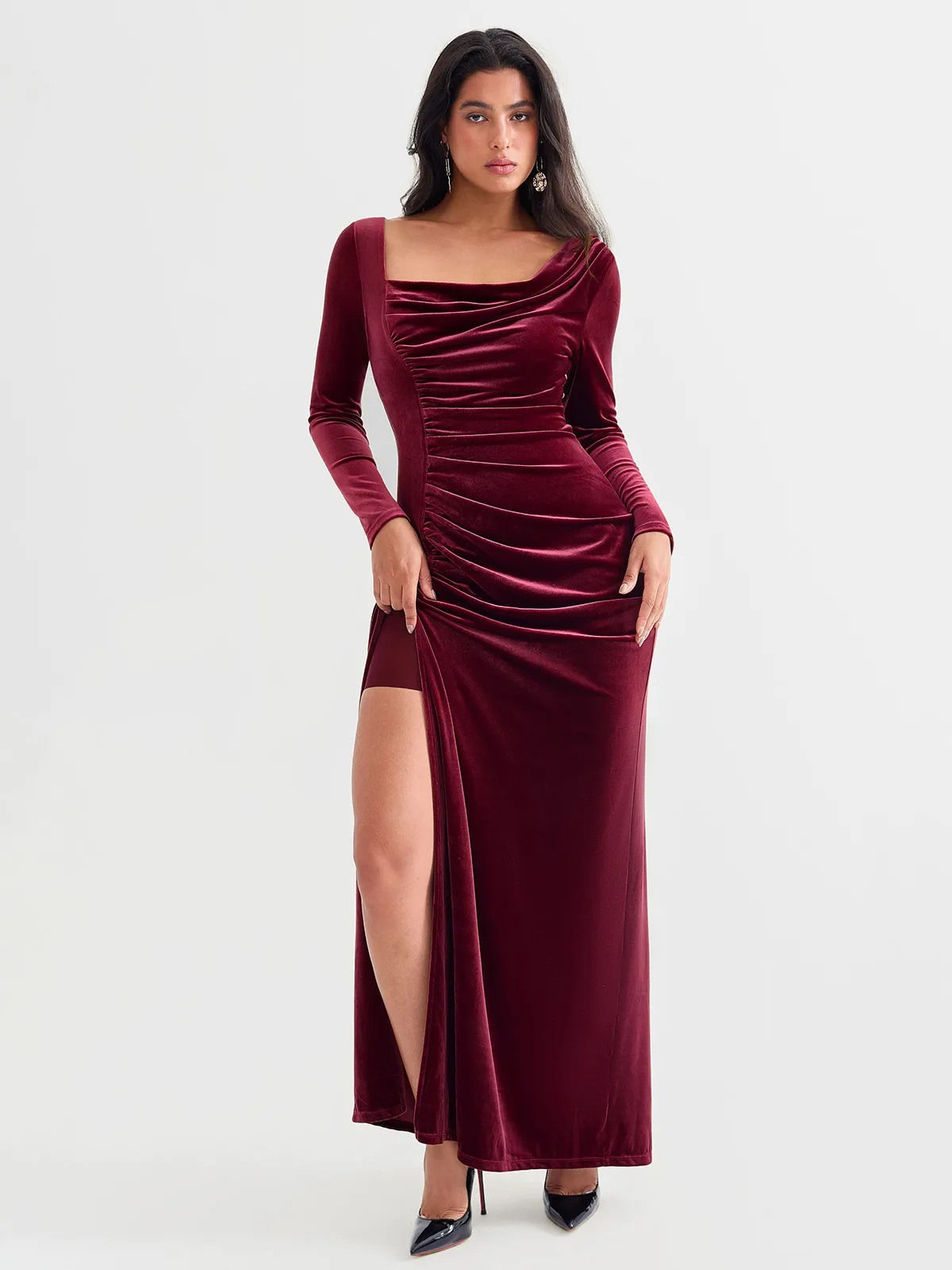 Velvet Draped Long Sleeve Sculpting Column Gown - Image 16