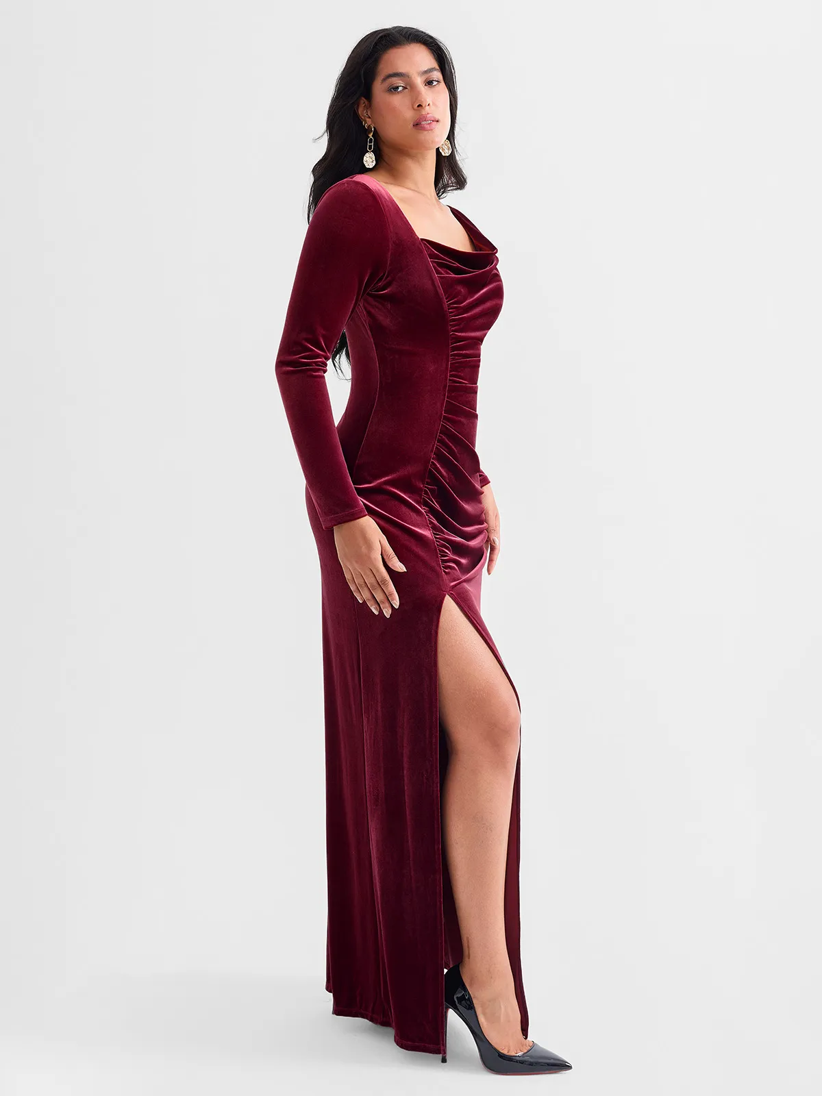 Velvet Draped Long Sleeve Sculpting Column Gown - Image 17