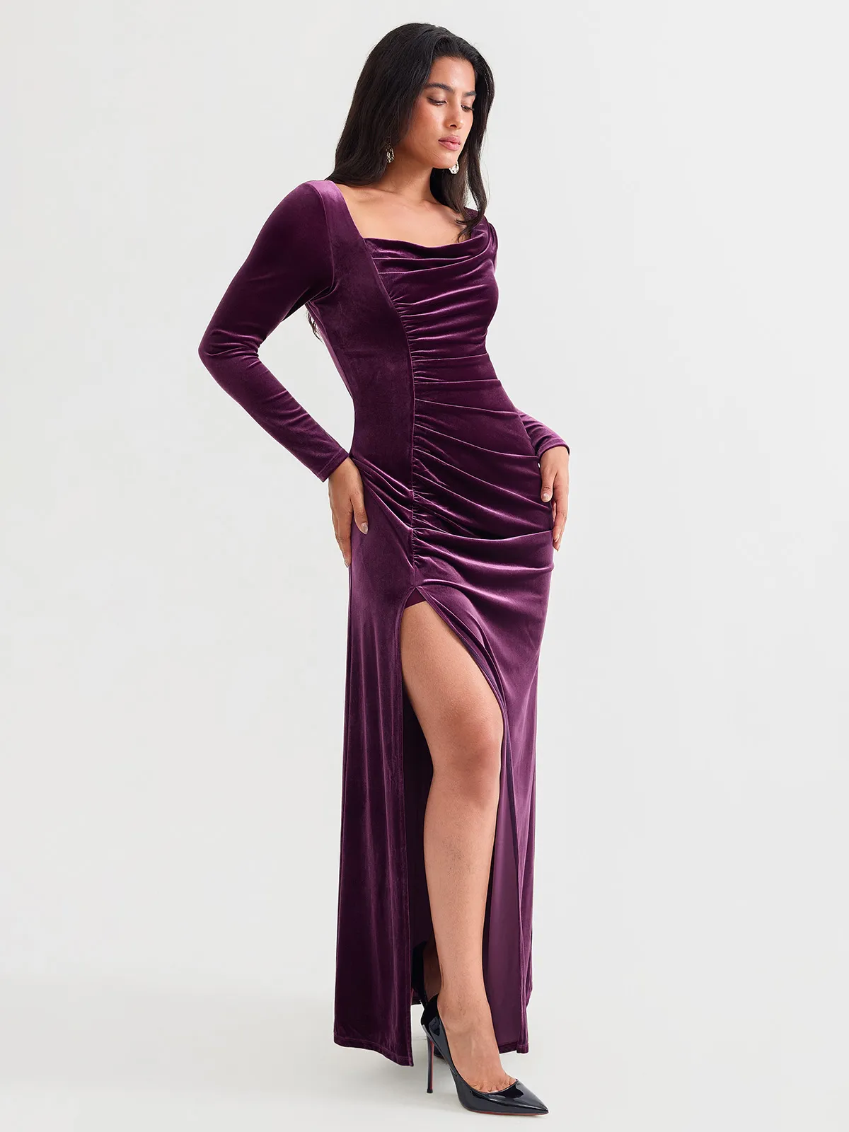 Velvet Draped Long Sleeve Sculpting Column Gown - Image 22