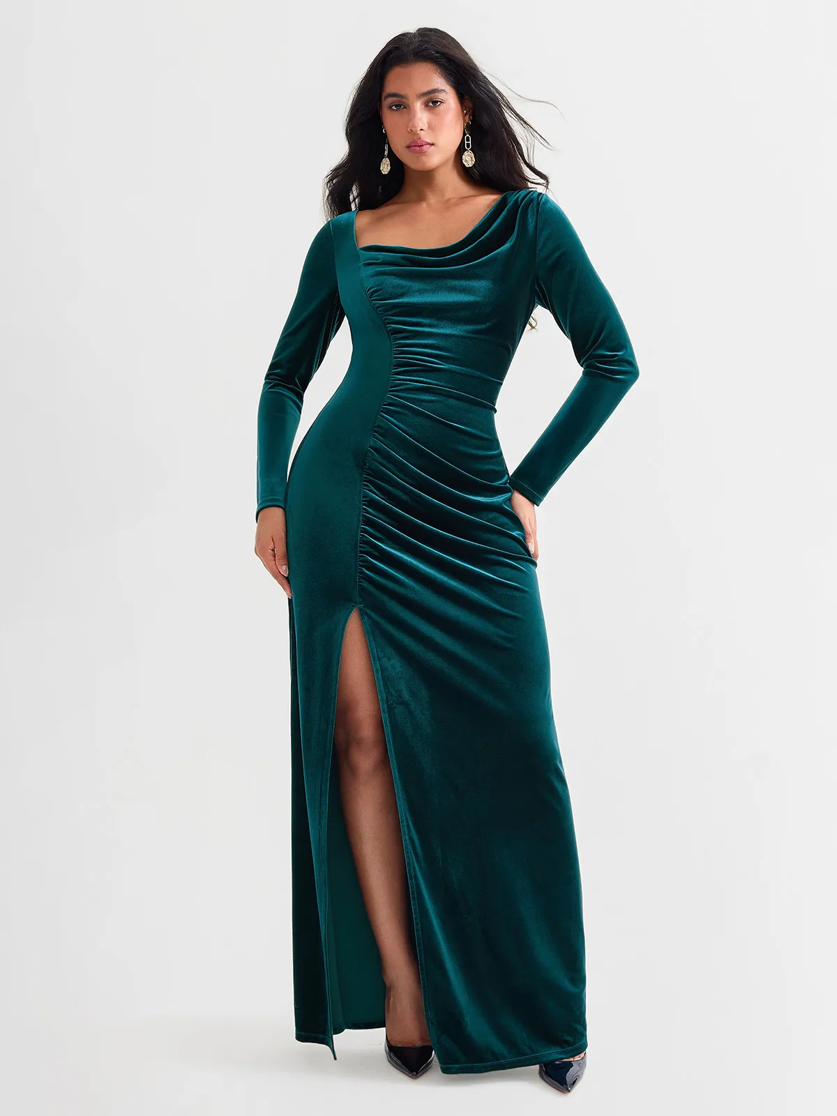 Velvet Draped Long Sleeve Sculpting Column Gown - Image 27
